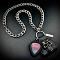 AC/DC Black Red Logo Guitar Pick Pendant Necklace by SKULL & CHAIN. For fans of Angus Young and Brian Johnson.