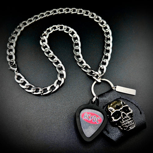 AC/DC Black Red Logo Guitar Pick Pendant Necklace by SKULL & CHAIN. For fans of Angus Young and Brian Johnson.