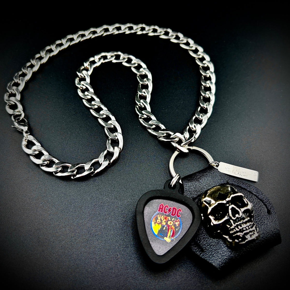AC/DC Highway To Hell Guitar Pick Pendant Necklace by SKULL & CHAIN. For fans of Angus Young and Brian Johnson.