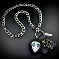 Alice Cooper eyes guitar pick pendant necklace with SKULL & CHAIN metal skull, pick holder and heavy stainless steel curb chain. Alice Cooper