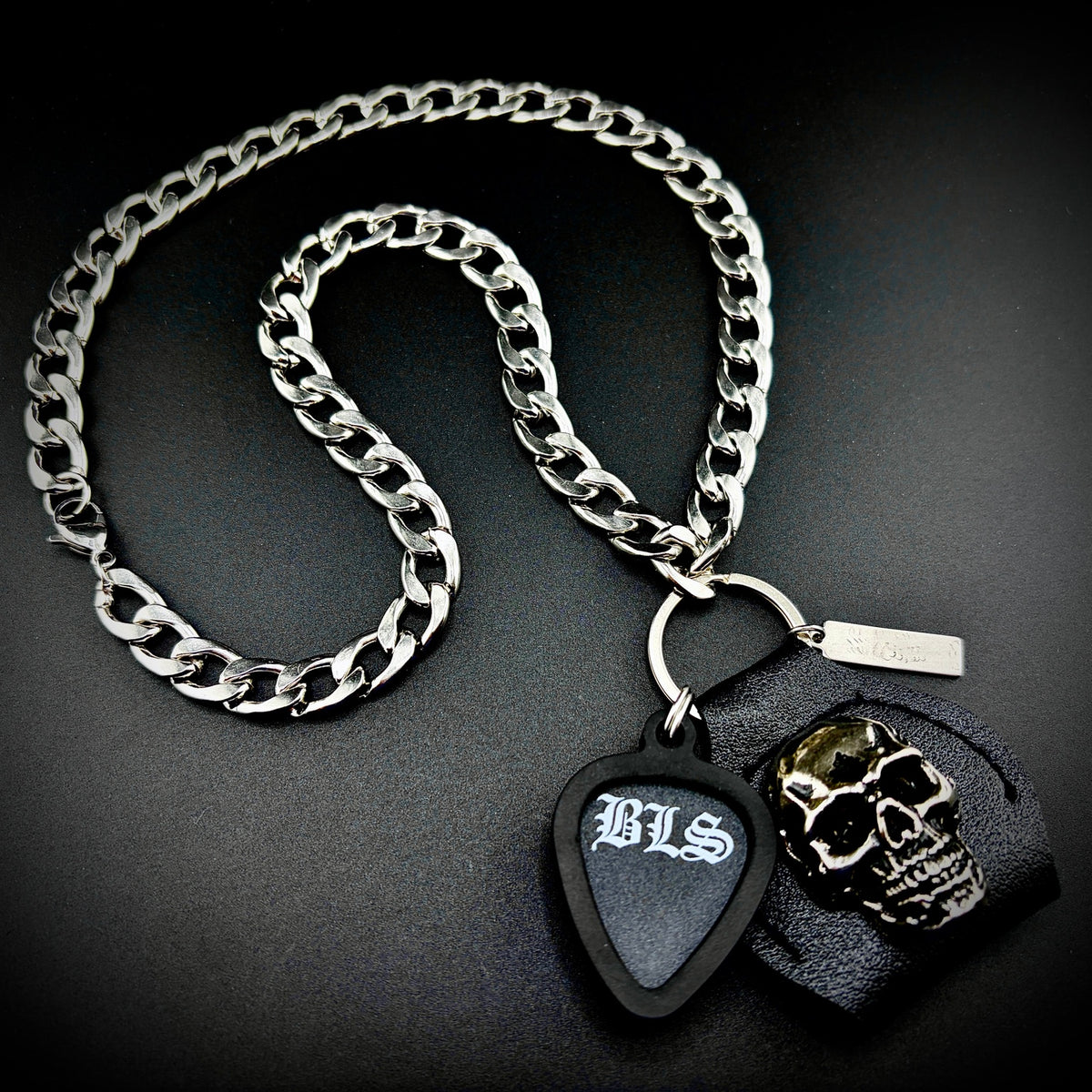 BLACK LABEL SOCIETY BLS guitar pick pendant necklace with silver curb chain and skull holder by SKULL & CHAIN. For fans of Zakk Wylde.