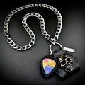 Bring Me the Horizon guitar pick pendant necklace with SKULL & CHAIN metal skull, pick holder and heavy stainless steel curb chain
