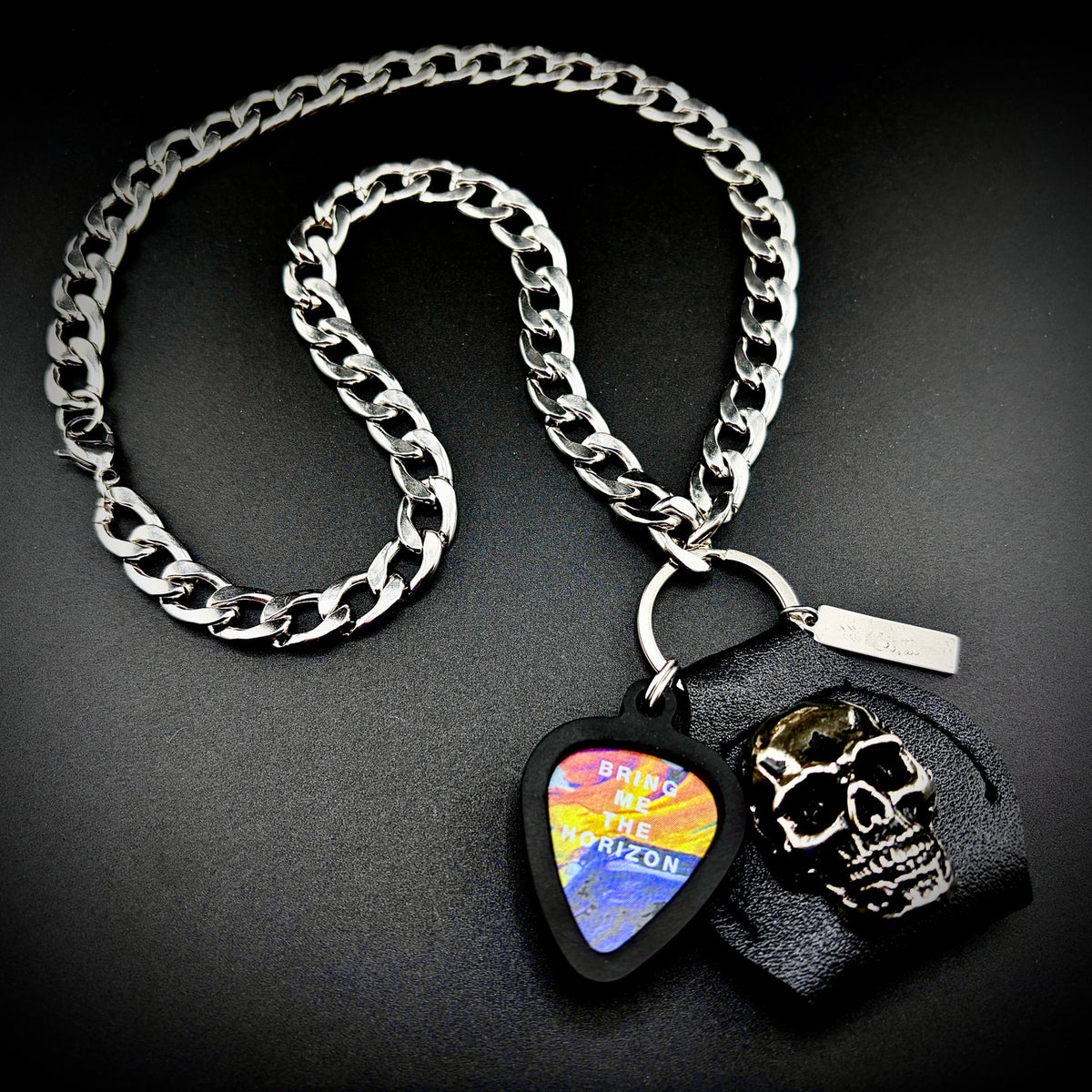 Bring Me the Horizon guitar pick pendant necklace with SKULL & CHAIN metal skull, pick holder and heavy stainless steel curb chain
