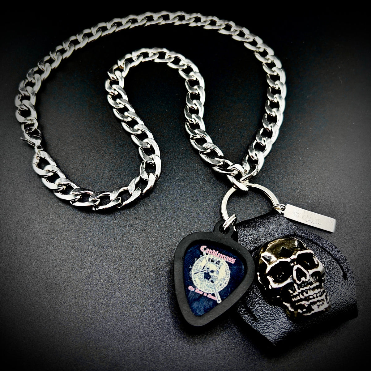 Candlemass The Door To Doom Guitar Pick Pendant Necklace by SKULL & CHAIN. For fans of Leif Edling.