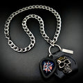 Dead Kennedys DK logo guitar pick pendant necklace with SKULL & CHAIN metal skull, pick holder and heavy stainless steel curb chain