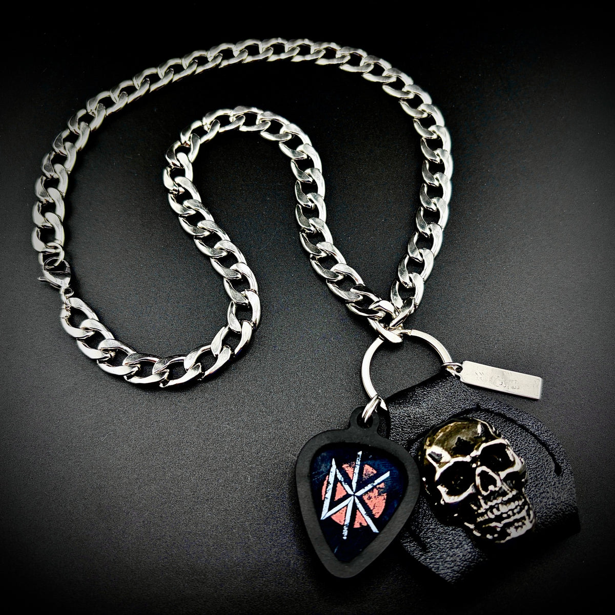 Dead Kennedys DK logo guitar pick pendant necklace with SKULL & CHAIN metal skull, pick holder and heavy stainless steel curb chain