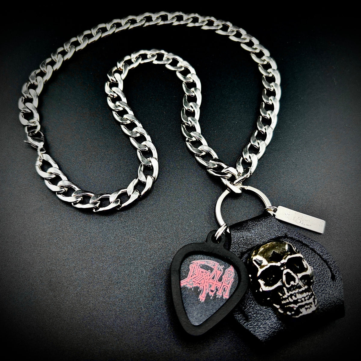Death Logo Guitar Pick Pendant Necklace by SKULL & CHAIN. For fans of Chuck Schuldiner.