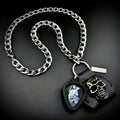 Dimebag Darrell CFH guitar pick pendant necklace with SKULL & CHAIN skull and stainless curb chain. For fans of Dimebag Darrell and Pantera.