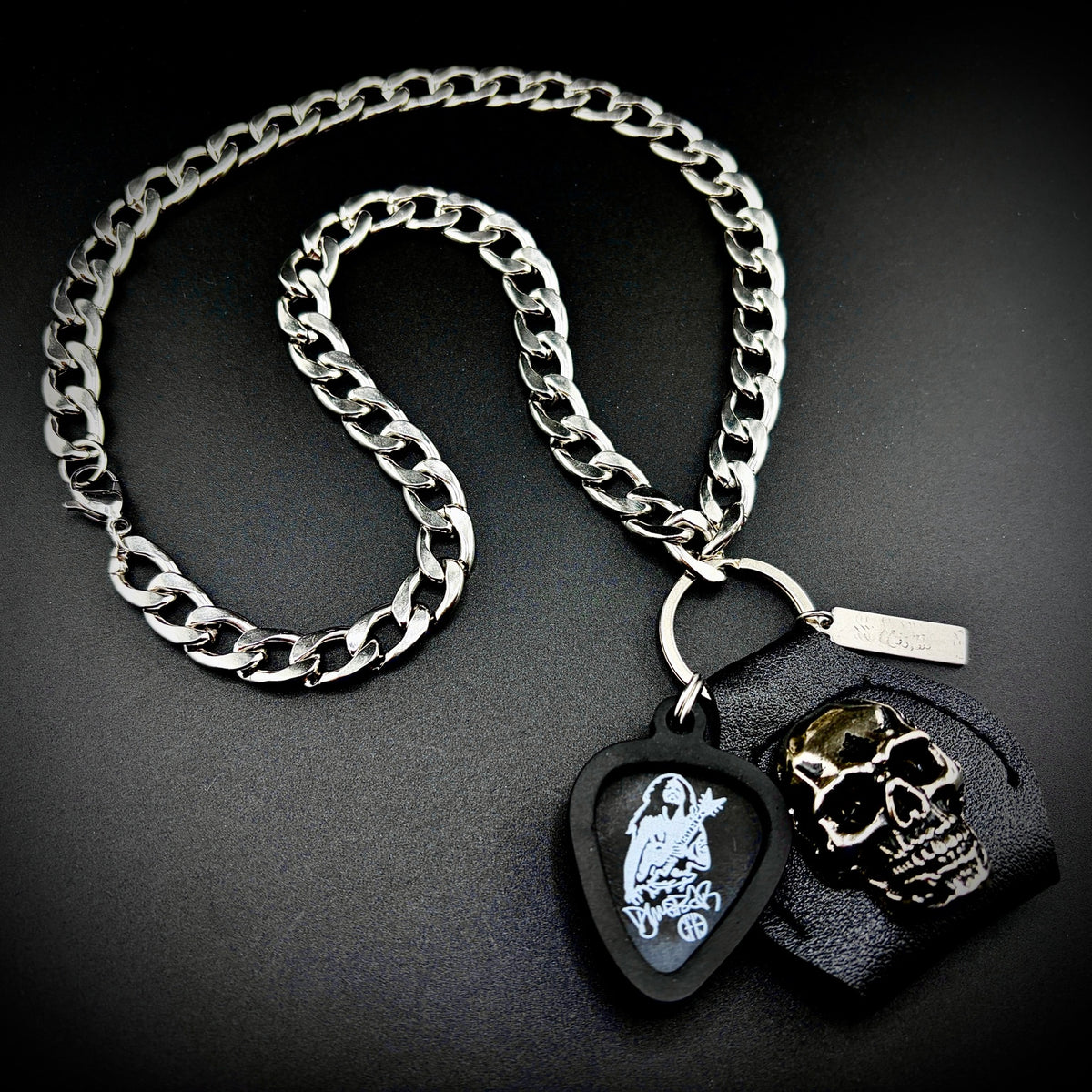 Dimebag Darrell CFH guitar pick pendant necklace with SKULL & CHAIN skull and stainless curb chain. For fans of Dimebag Darrell and Pantera.