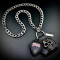 DIO RED LOGO guitar pick pendant necklace with silver curb chain and skull holder by SKULL & CHAIN. For fans of Ronnie James Dio.