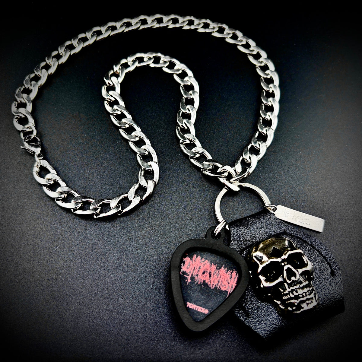 Dying Wish Flesh Stays Together Guitar Pick Pendant Necklace by SKULL & CHAIN. For fans of Emma Boster.