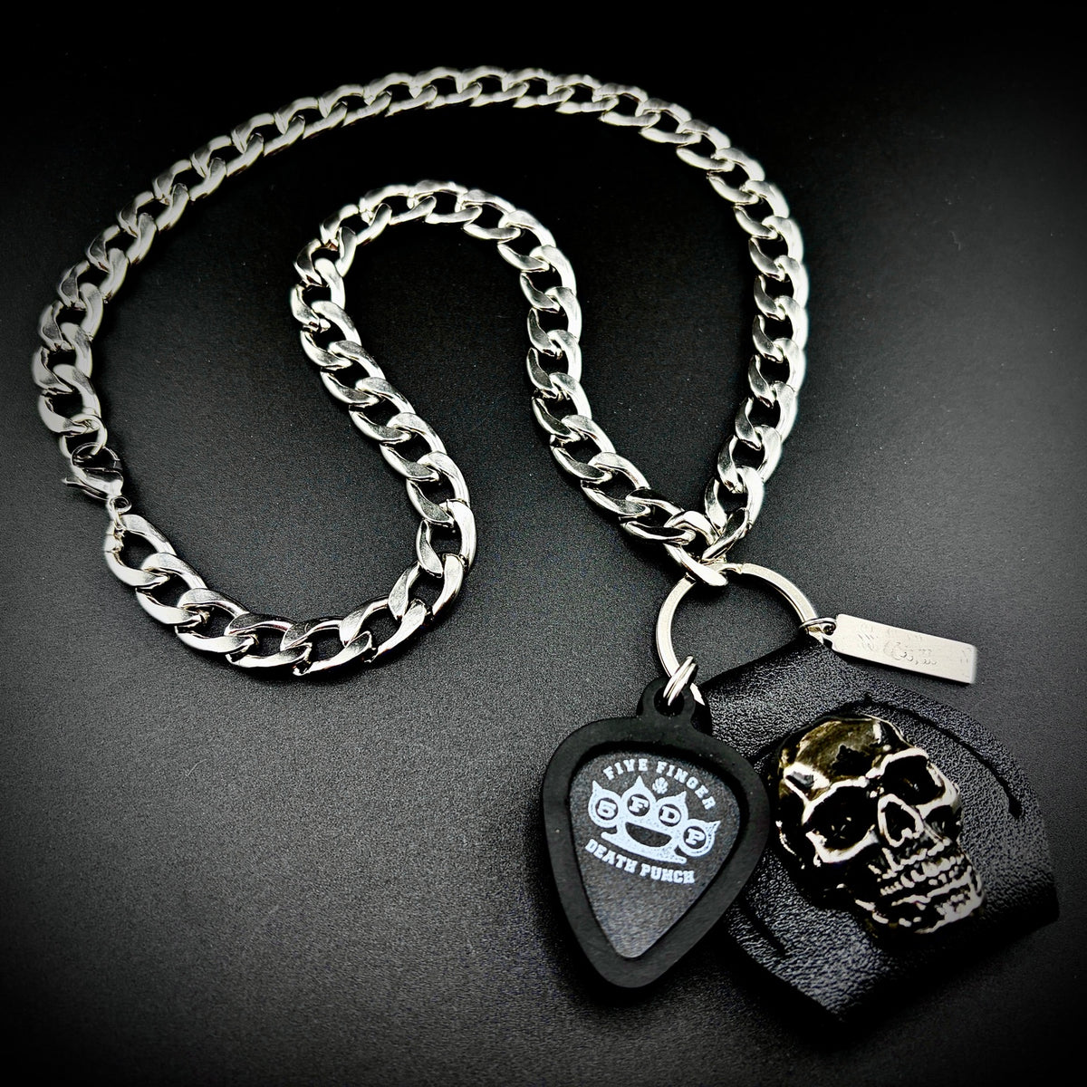Five Finger Death Punch Ffdp Guitar Pick Pendant Necklace by SKULL & CHAIN. For fans of Ivan Moody and Zoltan Bathory.