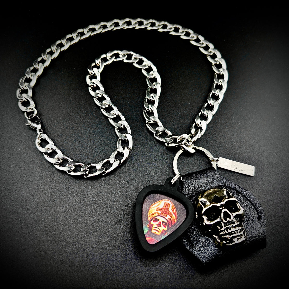 Ghost Papa Emeritus Iii Guitar Pick Pendant Necklace by SKULL & CHAIN. For fans of Tobias Forge.