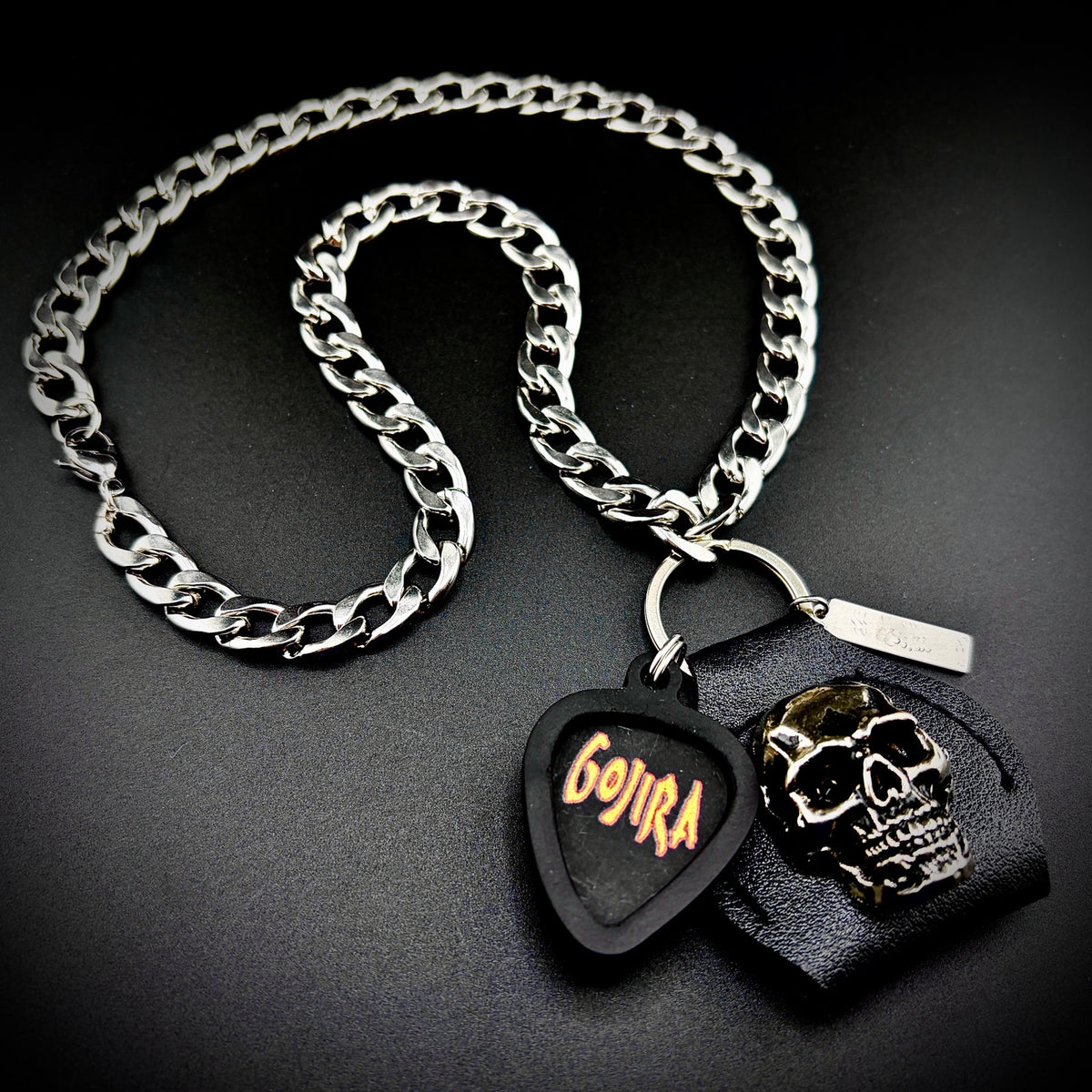 Gojira Yellow Red Logo Guitar Pick Pendant Necklace by SKULL & CHAIN. For fans of Joe Duplantier.