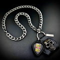 GUNS N' ROSES BULLET LOGO guitar pick pendant necklace with silver curb chain and skull holder by SKULL & CHAIN. For fans of Slash and Axl Rose.