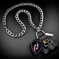 Halestorm black and red logo guitar pick pendant necklace with SKULL & CHAIN metal skull, pick holder and heavy stainless steel curb chain