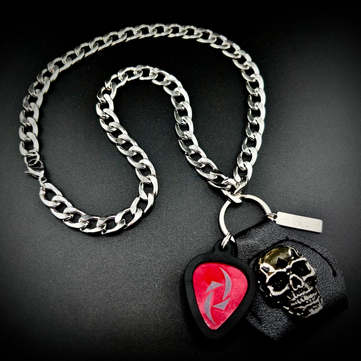 Halestorm red logo guitar pick pendant necklace with SKULL & CHAIN metal skull, pick holder and heavy stainless steel curb chain. Lzzy Hale, Arejay Hale, Joe Hottinger and Josh Smith
