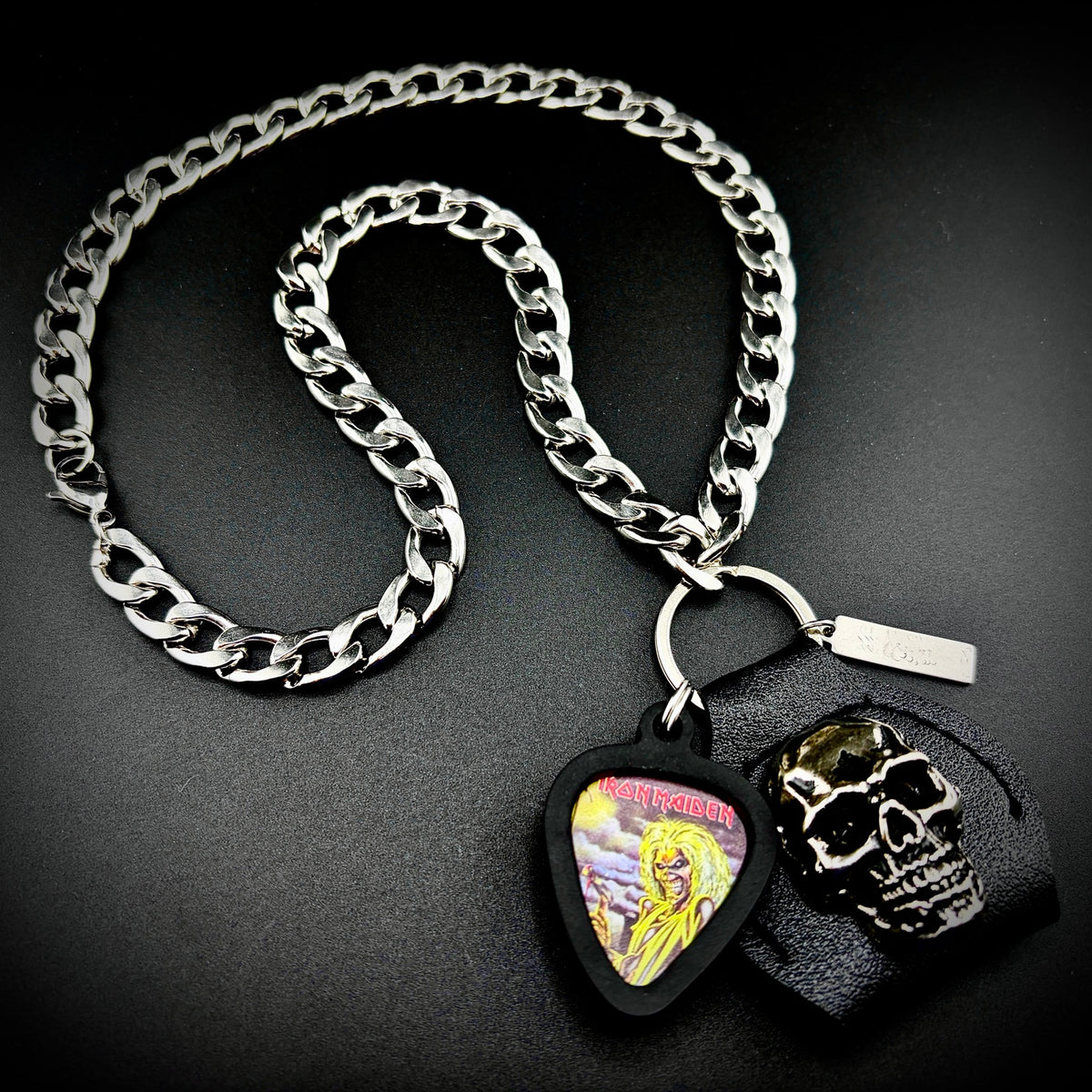 IRON MAIDEN KILLERS GUITAR PICK PENDANT NECKLACE by SKULL & CHAIN. For fans of Steve Harris, Dave Murray, Adrian Smith and Bruce Dickinson.