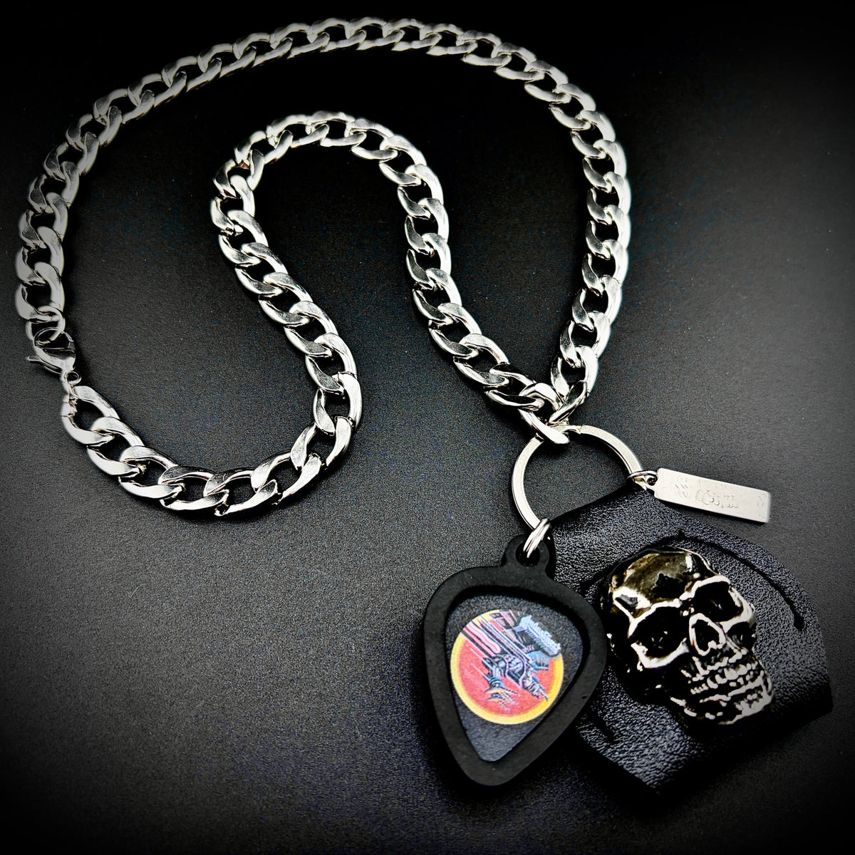 JUDAS PRIEST SCREAMING FOR VENGEANCE GUITAR PICK PENDANT NECKLACE by SKULL & CHAIN. For fans of Rob Halford, Glenn Tipton and K. K. Downing.