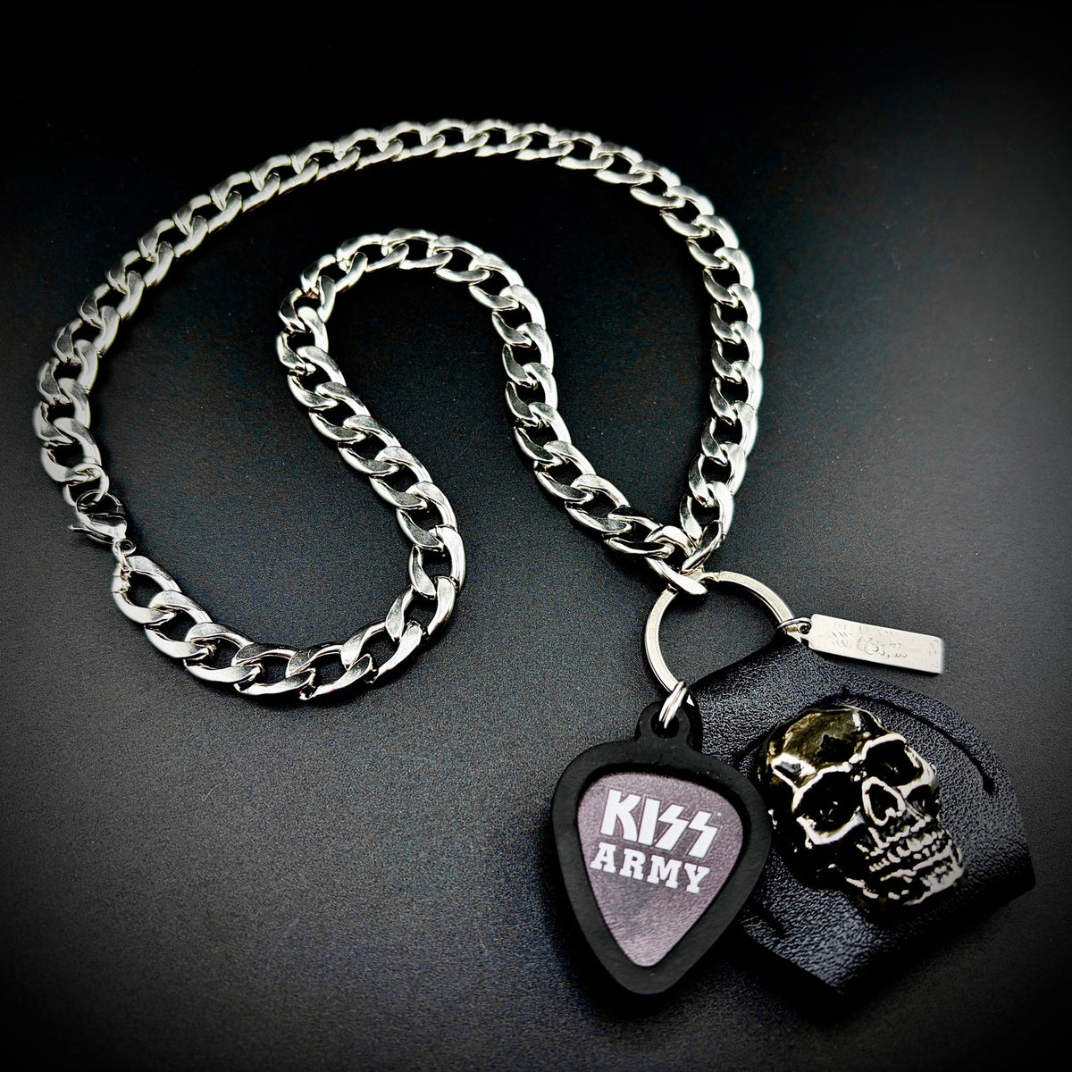 KISS Army Guitar Pick Pendant Necklace by SKULL & CHAIN. For fans of Paul Stanley, Gene Simmons, Ace Frehley and Peter Criss.