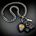 KISS Yellow Gradient Logo Guitar Pick Pendant Necklace by SKULL & CHAIN. For fans of Paul Stanley, Gene Simmons, Ace Frehley and Peter Criss.