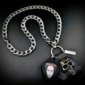 Marilyn Manson portrait guitar pick pendant necklace with SKULL & CHAIN metal skull, pick holder and heavy stainless steel curb chain. Marilyn Manson