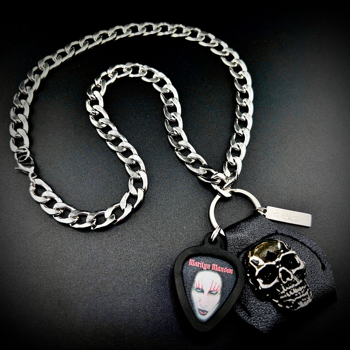 Marilyn Manson portrait guitar pick pendant necklace with SKULL & CHAIN metal skull, pick holder and heavy stainless steel curb chain. Marilyn Manson