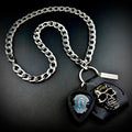 Meshuggah The Violent Sleep of Reason guitar pick pendant necklace with SKULL & CHAIN skull and stainless curb chain. For fans of Jens Kidman, Fredrik Thordendal and Mårten Hagström.