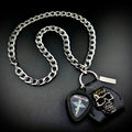 Mötley Crüe Dr. Feelgood Guitar Pick Pendant Necklace by SKULL & CHAIN. For fans of Mick Mars and Vince Neil.