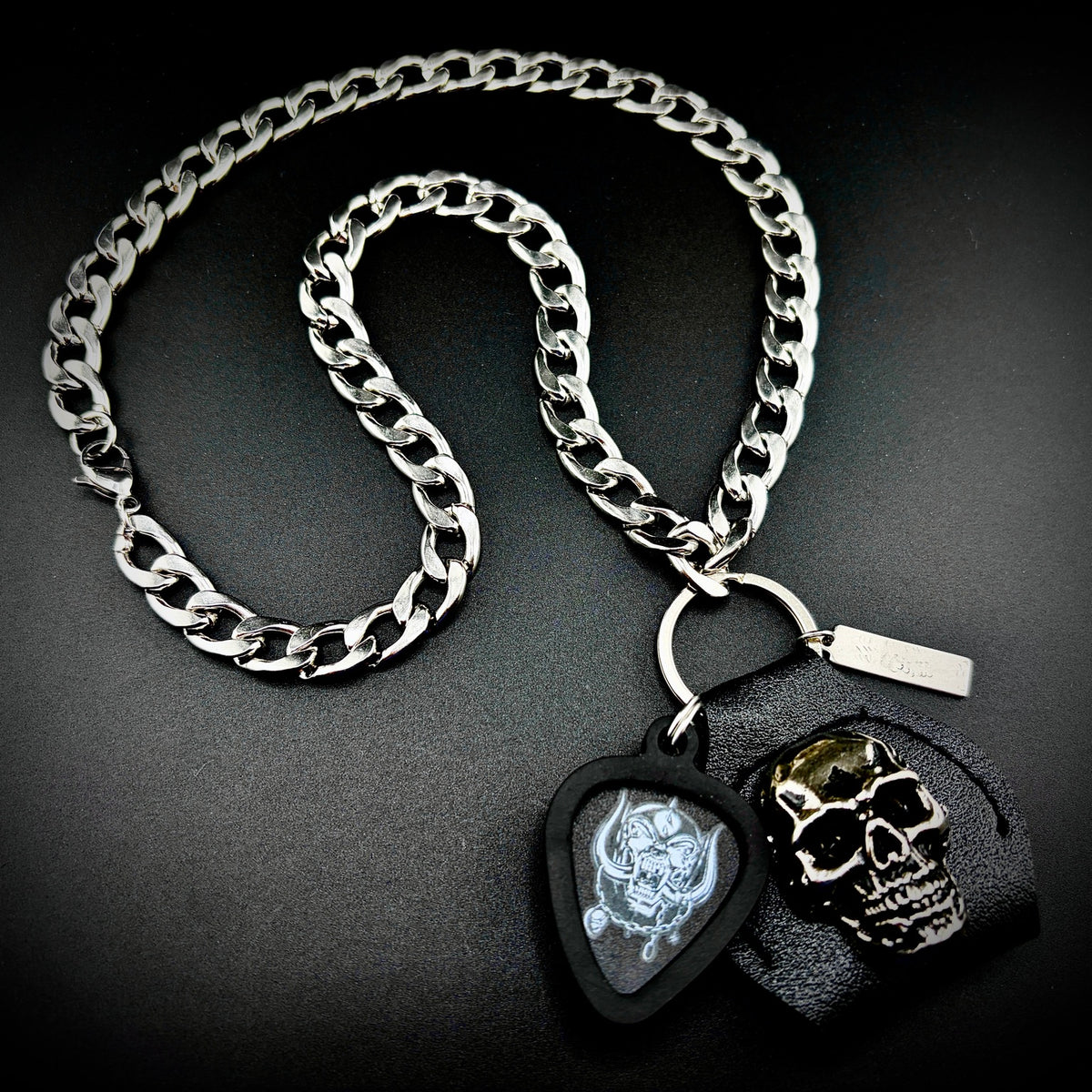 Motörhead Snaggletooth War-Pig Guitar Pick Pendant Necklace by SKULL & CHAIN. For fans of Lemmy Kilmister.