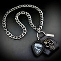 PANTERA VULGAR DISPLAY OF POWER guitar pick pendant necklace with silver curb chain and skull holder by SKULL & CHAIN. For fans of Dimebag Darrell.