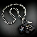 Saxon Denim and Leather guitar pick pendant necklace, SKULL & CHAIN heavy curb chain and skull hardware