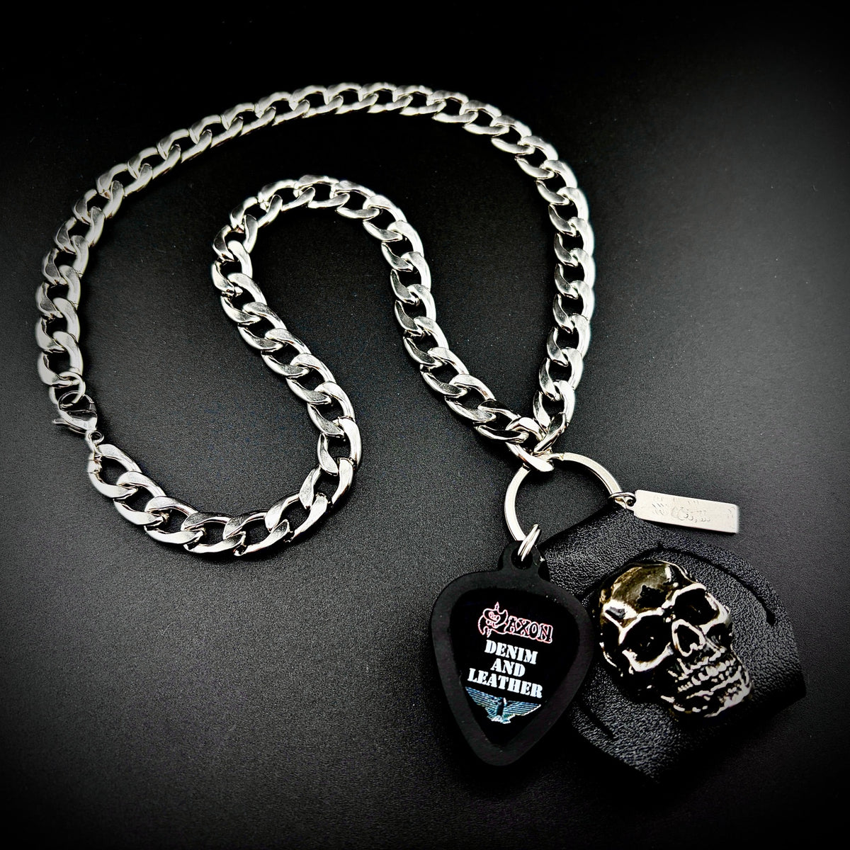 Saxon Denim and Leather guitar pick pendant necklace, SKULL & CHAIN heavy curb chain and skull hardware