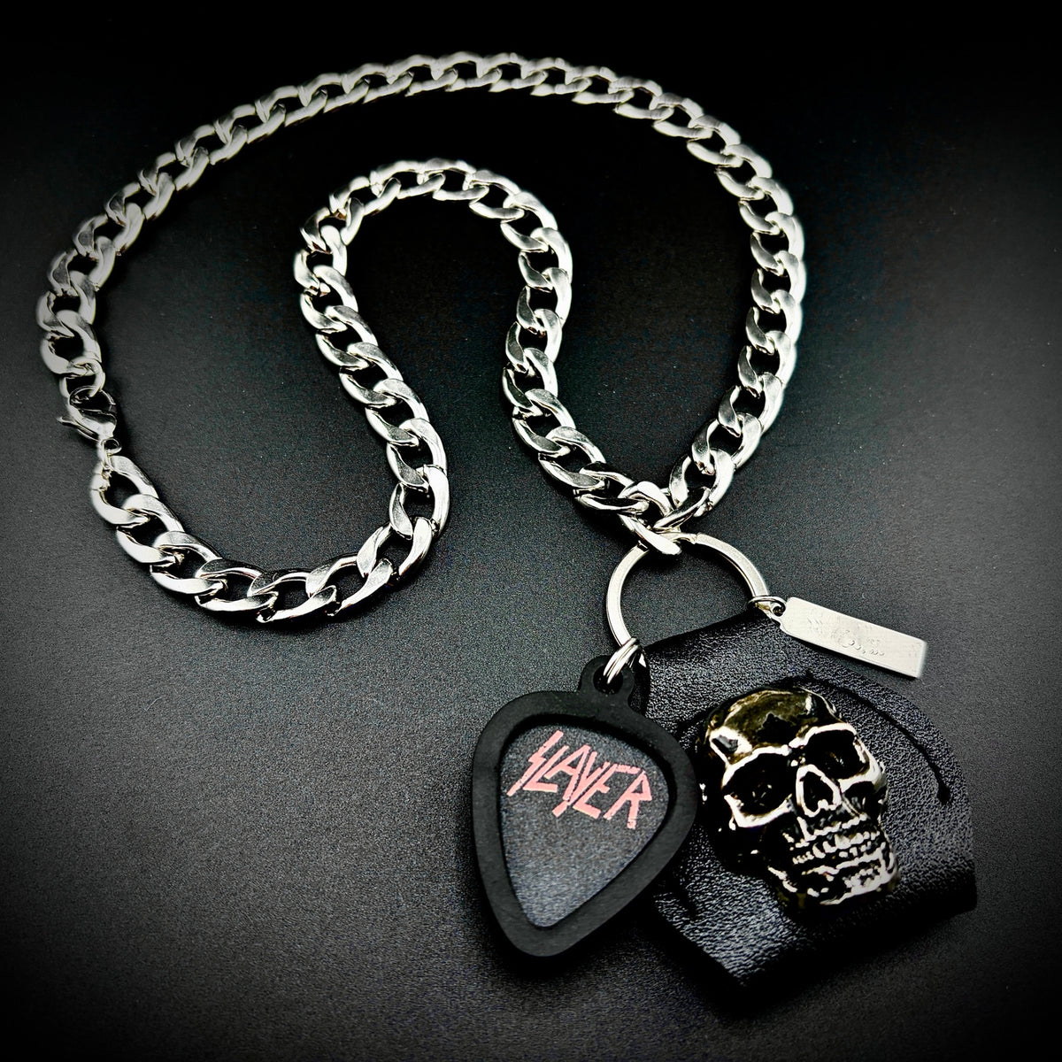 Slayer Logo Guitar Pick Pendant Necklace by SKULL & CHAIN. For fans of Kerry King, Tom Araya and Jeff Hanneman.