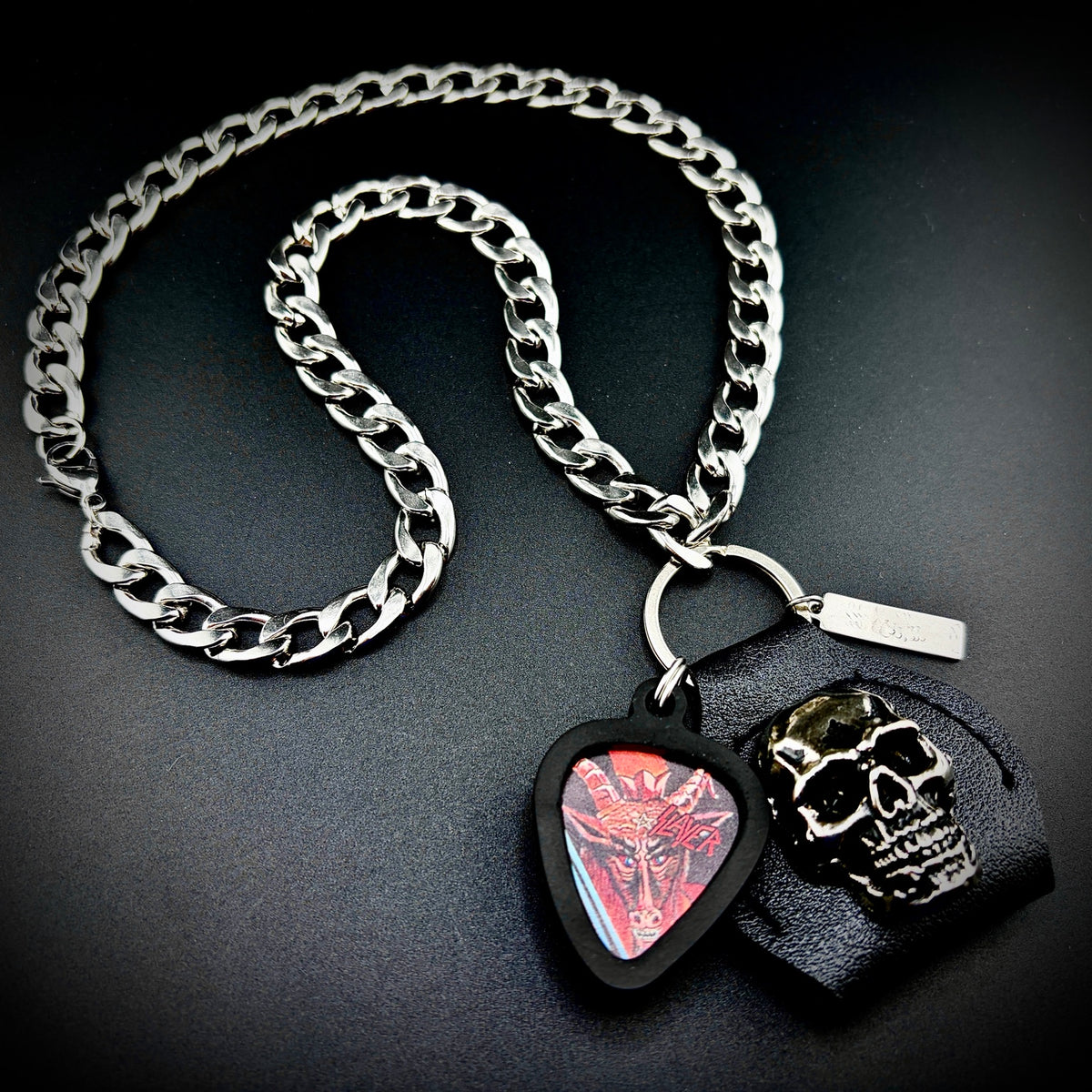 Slayer Show No Mercy Guitar Pick Pendant Necklace by SKULL & CHAIN. For fans of Kerry King, Tom Araya and Jeff Hanneman.