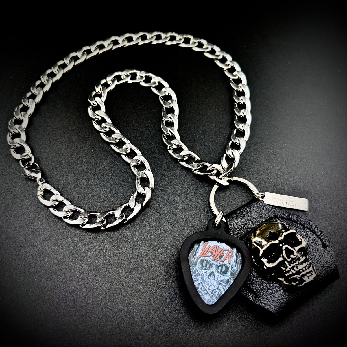 Slayer Skull Guitar Pick Pendant Necklace by SKULL & CHAIN. For fans of Kerry King, Tom Araya and Jeff Hanneman.