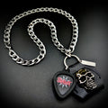 Slipknot nonagram guitar pick pendant necklace with SKULL & CHAIN skull and stainless curb chain. For fans of Corey Taylor, Jim Root, Mick Thomson, Shawn Crahan and Sid Wilson.