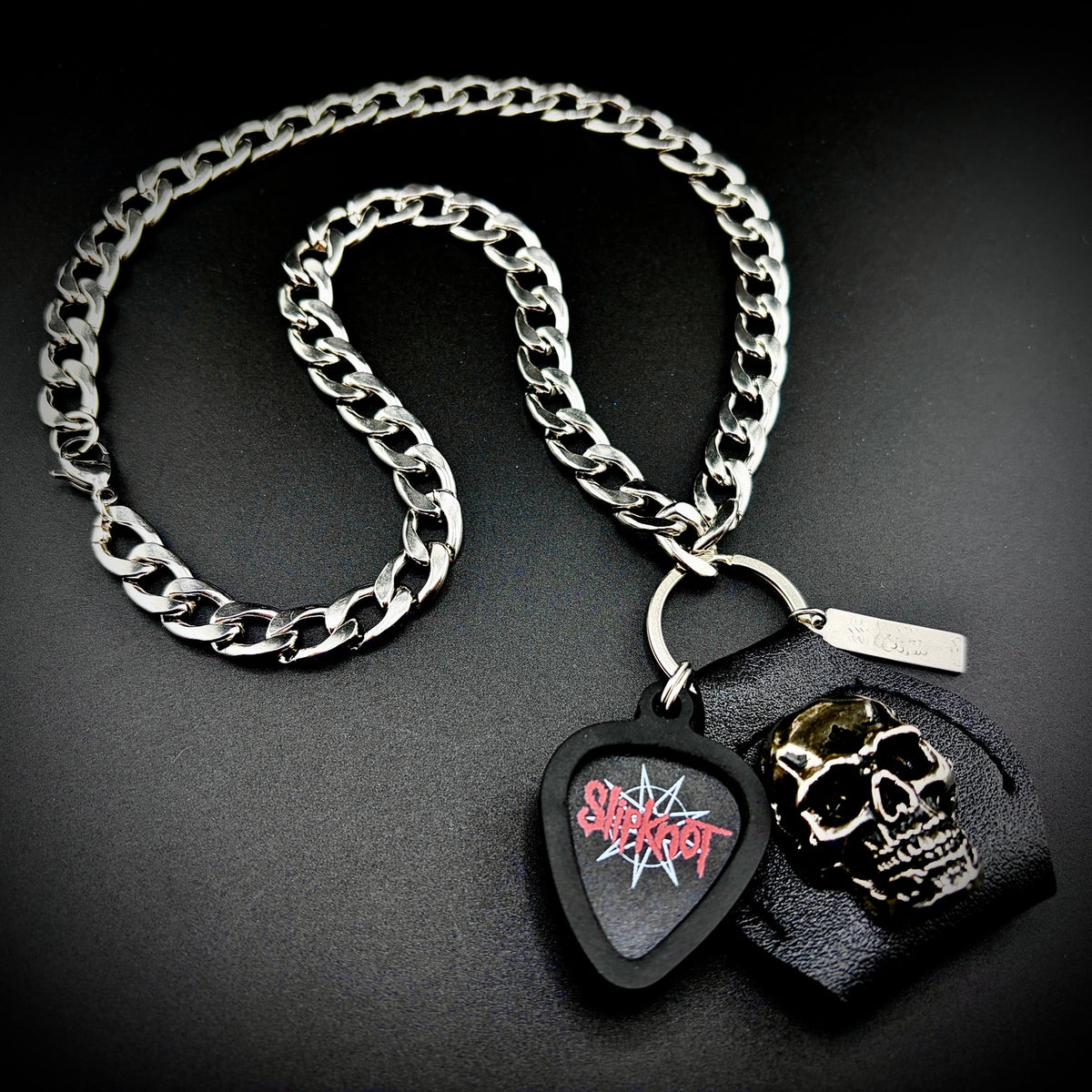 Slipknot nonagram guitar pick pendant necklace with SKULL & CHAIN skull and stainless curb chain. For fans of Corey Taylor, Jim Root, Mick Thomson, Shawn Crahan and Sid Wilson.