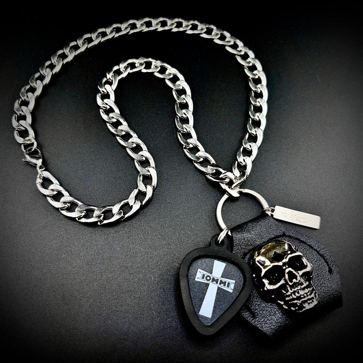 Tony Iommi Black Sabbath Cross Guitar Pick Pendant Necklace by SKULL & CHAIN. For fans of Tony Iommi.