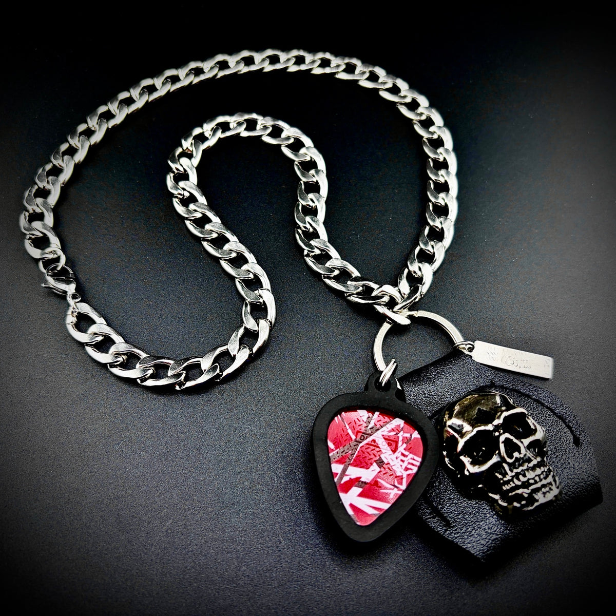 Eddie Van Halen Evh 5150 Frankenstrat Guitar Pick Pendant Necklace by SKULL & CHAIN. For fans of Eddie Van Halen.