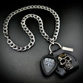 Volbeat Servant of the Mind guitar pick pendant necklace, SKULL & CHAIN heavy curb chain and skull hardware